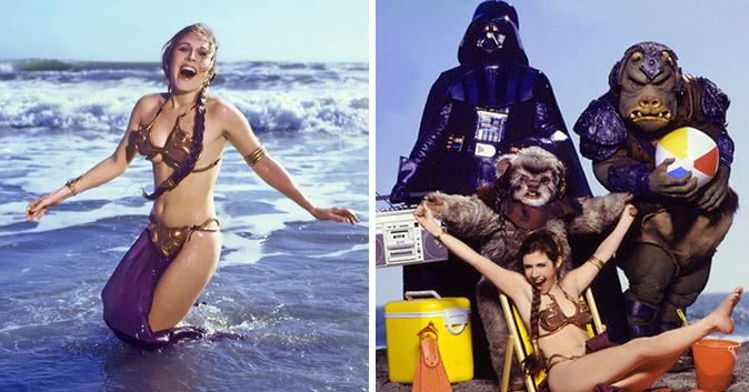 Leia on the beach in knee-deep water, looking sexy and happy. Star Wars characters on a beach towel.