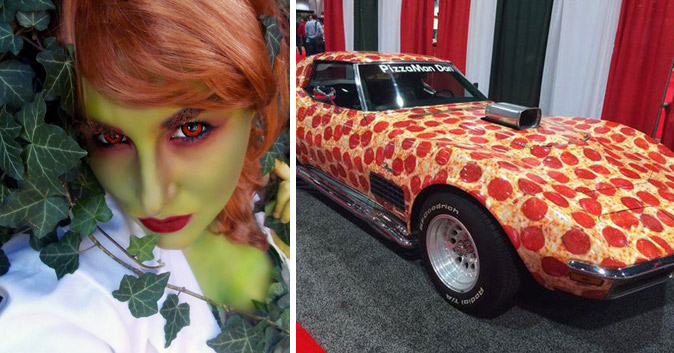 Woman dressed like Poison Ivy, a car that looks like pizza.