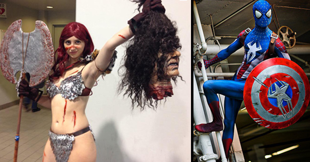 Left: Woman with axe holding a severed head. Right: Spider-Man Captain America Fusion