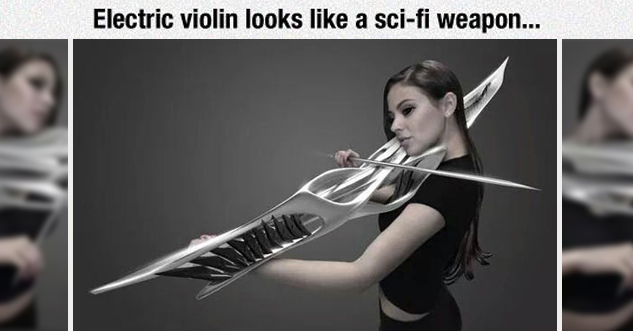 Electric violin looks like a sci-fi weapon. A hot woman is playing it.