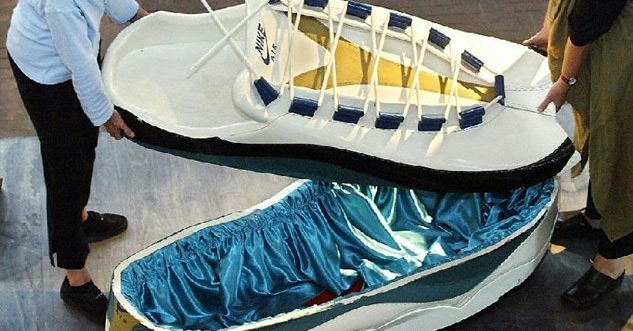 A coffin made to look like a Nike shoe.