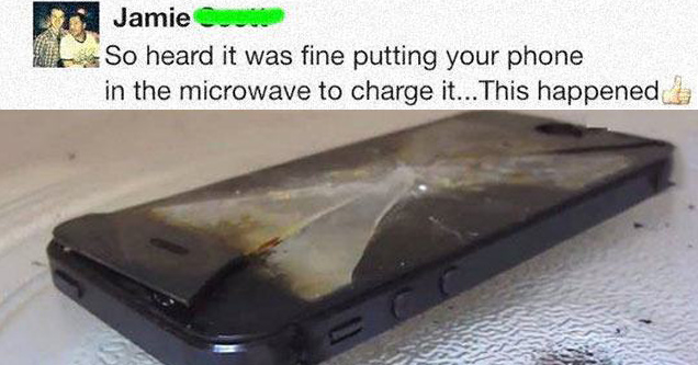 phone cracked and burned after being put in the microwave