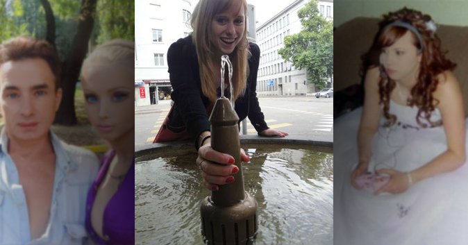 Girl holds a drinking fountain like it's a penis.