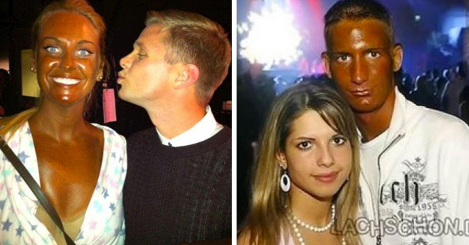 Guy with terrible spray tan poses with girl at a club