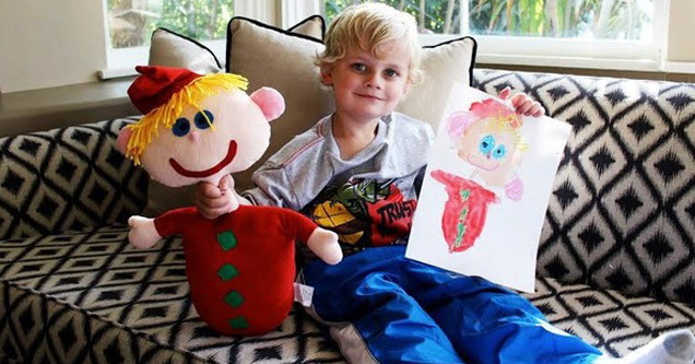 blonde kid with drawing of blonde kid with blonde kid toy