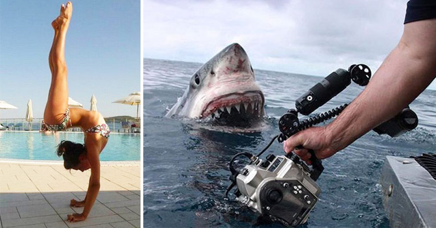 girl in bikini doing hand stand. shark going after camera