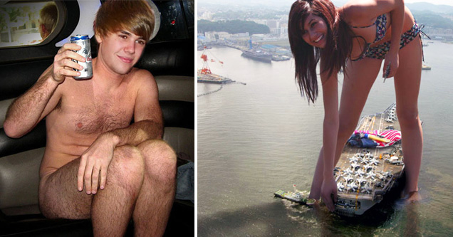 naked justin bieber drinking beer and giant woman standing above a boat