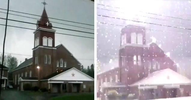 Church Steeple Struck By Intense Lightning