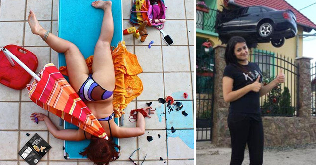 woman passed out between pool items and person posing in front of a crashed car