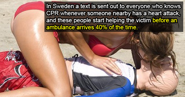 Sweden has instituted a country-wide program where citizens can enroll to receive a text when there is a heart attack victim nearby, allowing them to reach them faster than an ambulance and provide CPR. In 40% of the cases, SMS Life Savers arrived before 