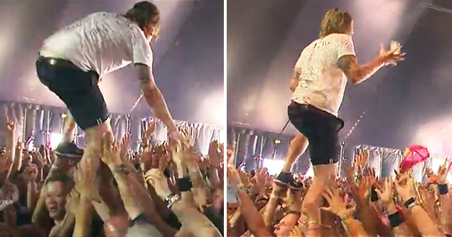 Rock Singer Catches Beer While Crowdwalking