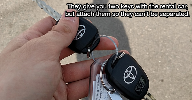 vehicle - They give you two keys with the rental car, but attach them so they can't be separated. Adsl