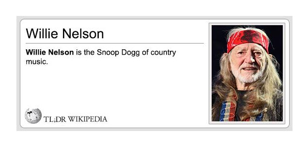 Film - Willie Nelson Willie Nelson is the Snoop Dogg of country music. Wid Tl;Dr Wikipedia