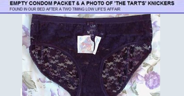 20 Cheaters Who Got Exactly What Was Coming to Them | eby Spinner Categories Motors Express Stores Empty Condom Packet & A Photo Of 'The Tarts Knickers Founo Nour Bed After A Two Thing Low Ufes Affair Bidder or seller of this them? Sign in to your status 