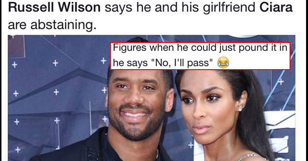 photo caption - Esen Espn Yesterday at Russell Wilson says he and his girlfriend Ciara are abstaining. Russell Wilson 'I Knew That God Had Brought Me Into Her Life To Bless Her' espn.go.com Figures when he could just pound it in he says 