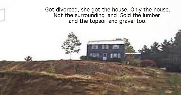 most fucked up thing ever - Got divorced, she got the house, Only the house. Not the surrounding land. Sold the lumber, and the topsoil and the gravel too. mage S e tsdealncies3038594