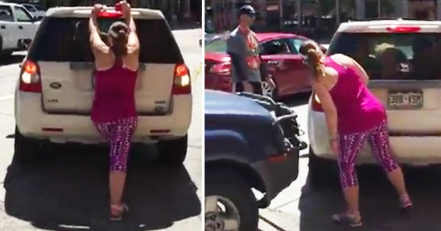 Angry Woman Tries To Reserve a Parking Spot By Foot