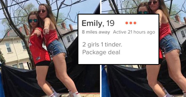 tinder - shoulder - ... Verizon Lte 1 75% Done Emily, 19 8 miles away Active 21 hours ago 2 girls 1 tinder Package deal