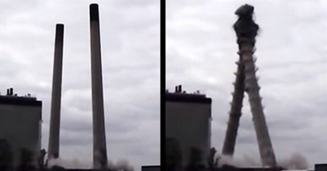 Power Plant Demolition Becomes Even More Badass When Chimneys Collide