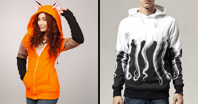 orange fox hoodie and octopus hoodie