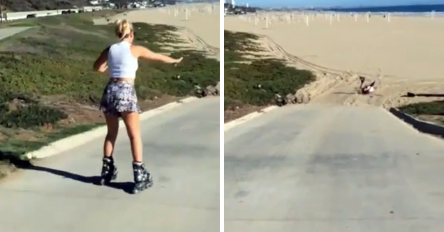 Girl On Rollerblades Face Plants Into Sand