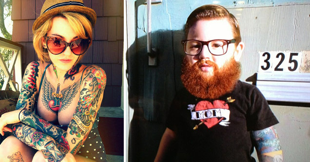 tattooed woman in red glasses and young looking boy with a thick beard