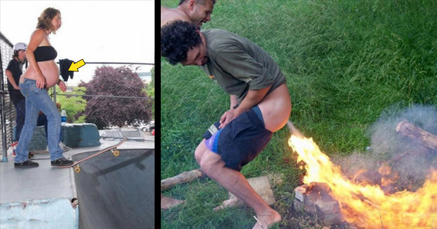 pregnant woman skateboarding and man farting on a campfire