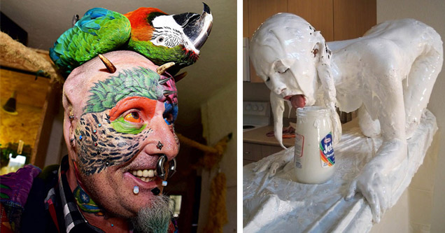 WTF Images That Will Make You Ask Questions | parrot man tattoo - Van | stay puft marshmallow woman