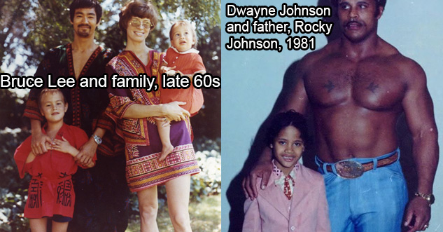 Bruce Lee and Family late 60s. | Dwayne “The Rock” Johnson and his father Rocky Johnson, 1981.