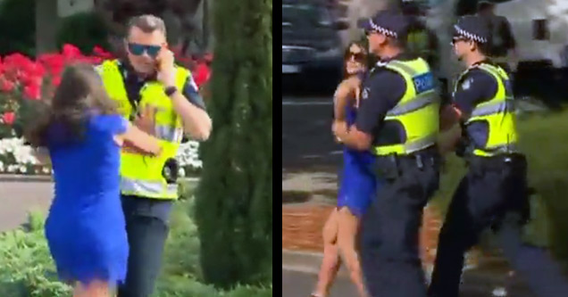 Angry Woman Pushes Cop Into The Bushes