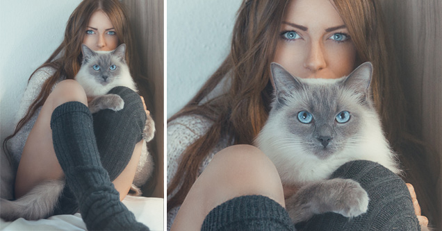 woman and cat with similar eyes