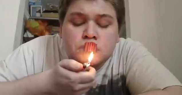 Moron Lights Firecrackers Taped To His Lips