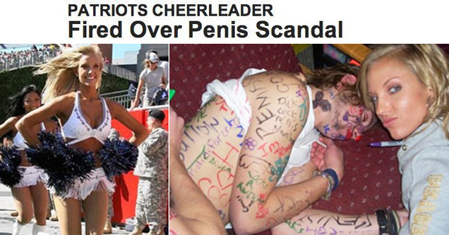 photo caption - Patriots Cheerleader Fired Over Penis Scandal The New England Patriots are none too fond of cheerleaders who draw penises, swastikas and antiSemitic slurs on drunk people. Pee 18yearold Caitlin Davis got the boot from the football team's c