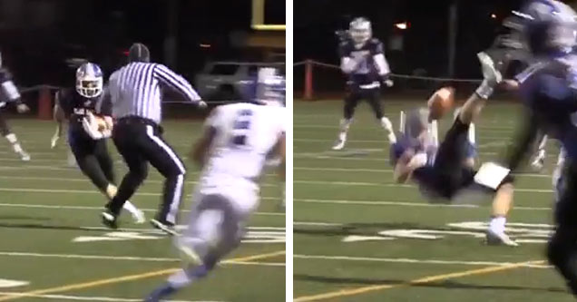 High School Referee Lays Out Receiver Forcing Fumble