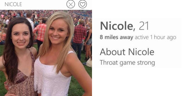 tinder - beauty - Nicole Nicole, 21 8 miles away active 1 hour ago About Nicole Throat game strong