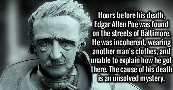 insane facts - Hours before his death, Edgar Allen Poe was found on the streets of Baltimore. He was incoherent, wearing another man's clothes, and unable to explain how he got there. The cause of his death is an unsolved mystery.