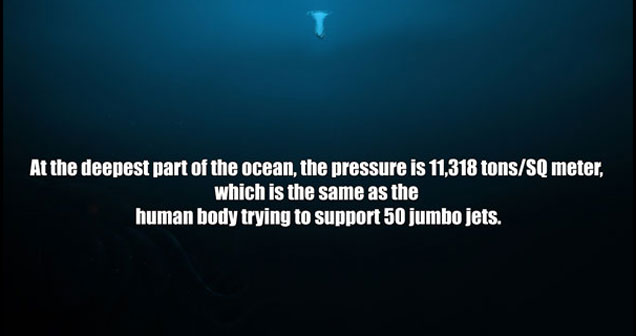 fun science facts - At the deepest part of the ocean, the pressure is 11,318 tonsSq meter, which is the same as the human body trying to support 50 jumbo jets.