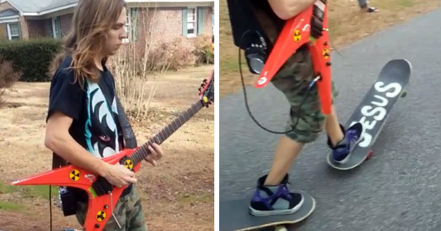 Scott Crouch riding two skateboards while playing guitar