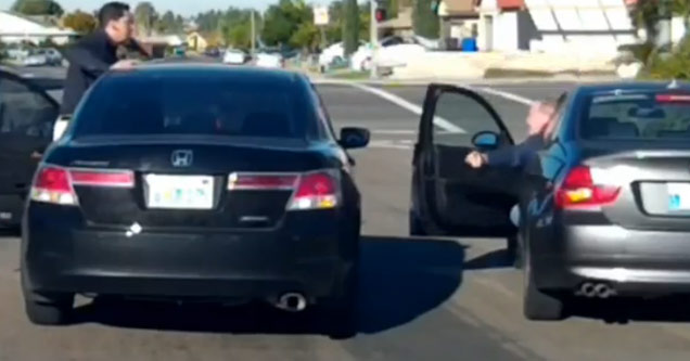 two road raging idiots fight in traffic