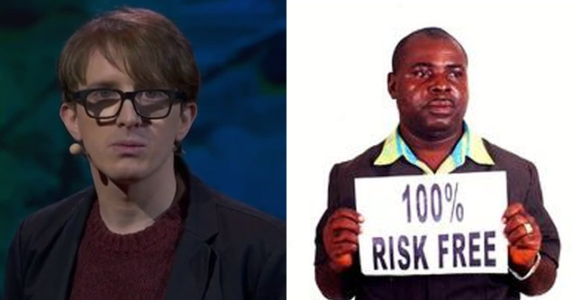 comedian james veitch and a stock image of an online scammer