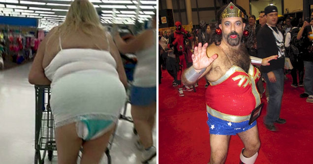 overweight woman person wearing a thong over a diaper and man dressed like wonder woman