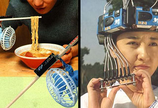 tiny fan attached to chopsticks and headband made of cameras