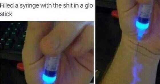 picture someone injecting glo stick liquid into veins with syringe