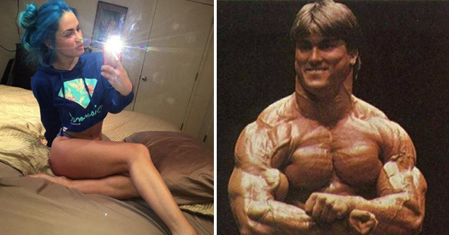 blue haired woman taking selfie and bodybuilder flexing