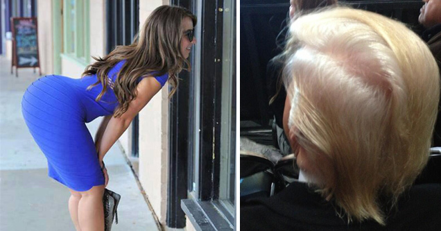 blue dress bend over | donald trump side hair