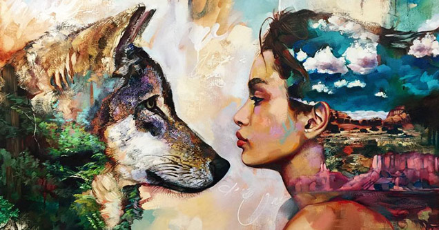 painting of a girl and a wolf