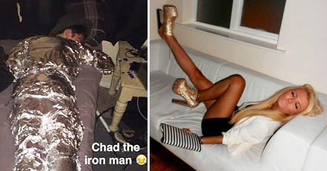 person wrapped in tin foil and woman in golden heels lying on a bed