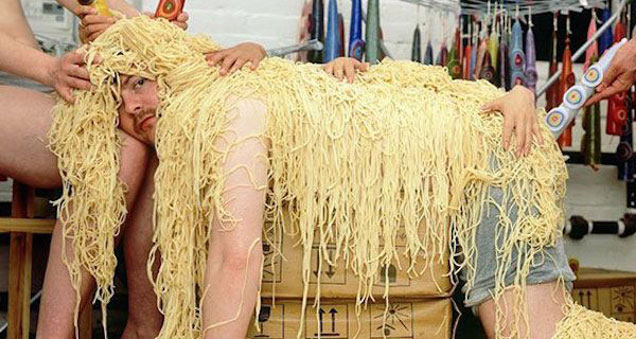 person covered in spaghetti