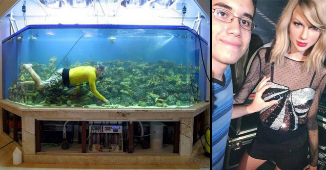 funny picture of man inside fish tank and funny picture of fan groping hoverhand taylor swift