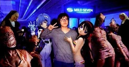 man surrounded by anime girls and silent hill monsters